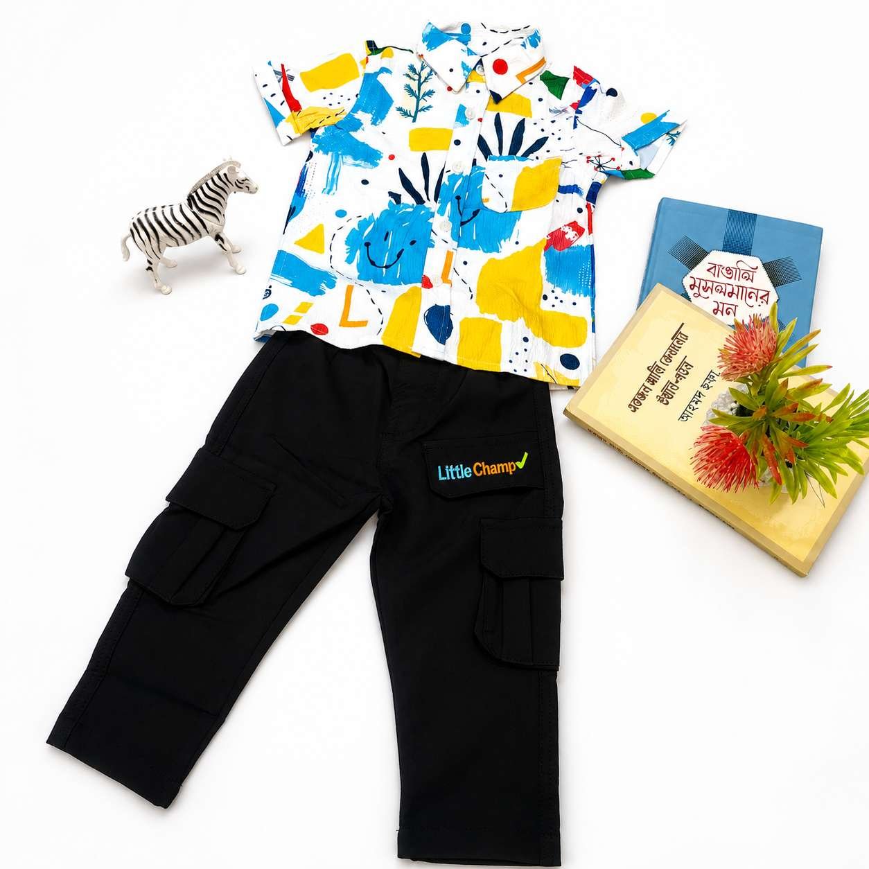 Premium Baby Boys Printed Casual Shirt & Black Cargo Pants Combo